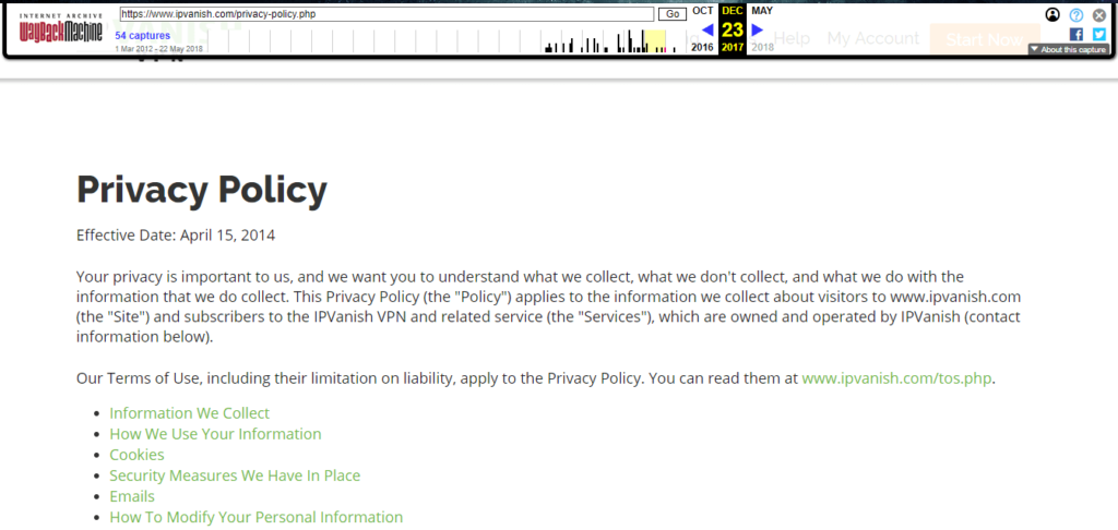 IPVanish Old privacy policy