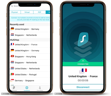  Surfshark-Característica Multihop para iOS conectado a servidor de Reino Unido y Francia. 