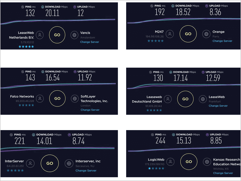 ExpressVPN Download Upload Speeds with Pings on US UK Germany and France servers