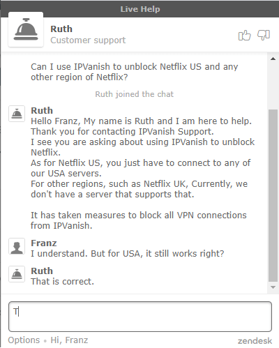 IPVanish customer support relating to Netflix