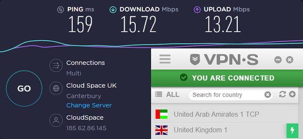 英国服务器上的VPNSecure速度测试