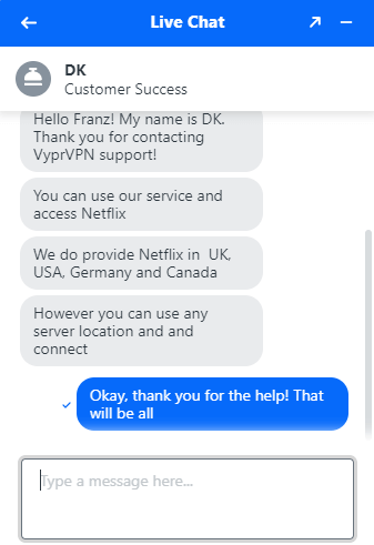 Atención al cliente de VyprVPN sobre Netflix