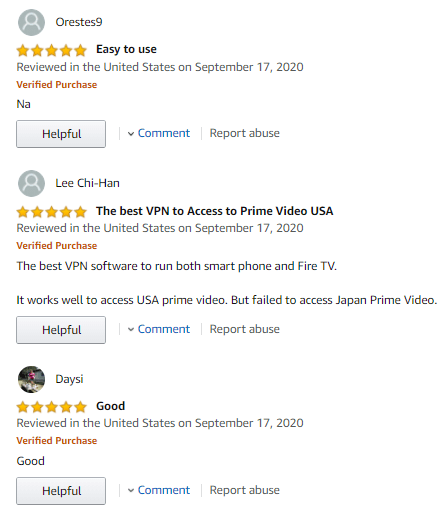 亚马逊上快速VPN的正面评论
