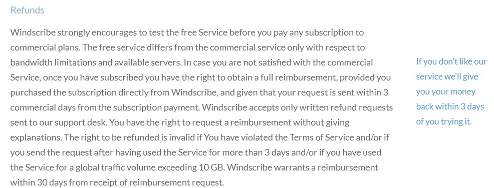 Windscribe refund policy