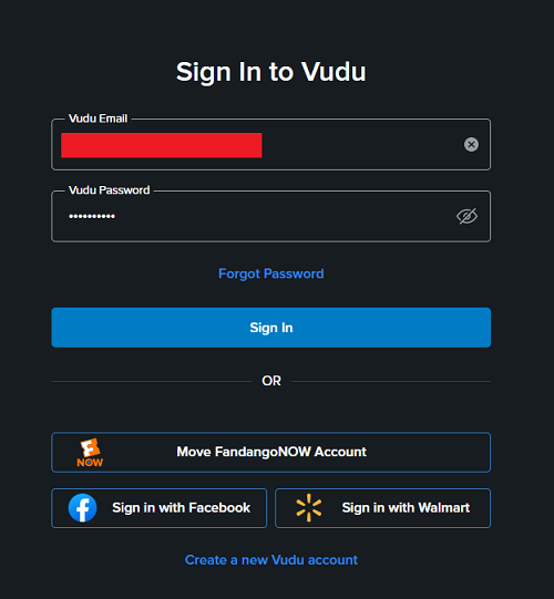 Vudu in Canada - login screen screen after account creation
