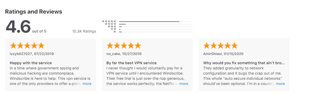 Windscribe免费VPN Mac的应用程序评级