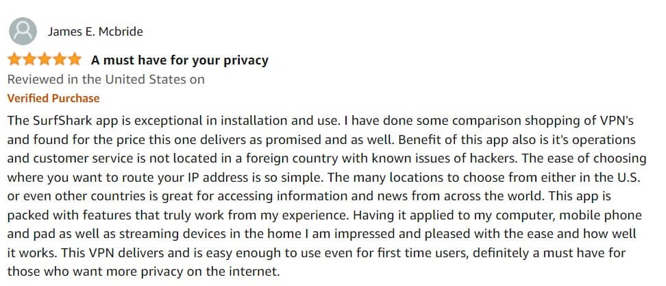 recensione dell'utente di Surfshark sull'App Store di Amazon in - Italia 