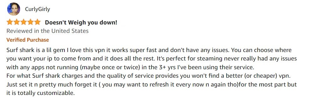  recensione dell'utente di Surfshark sull'App Store di Amazon - 3 in - Italia 