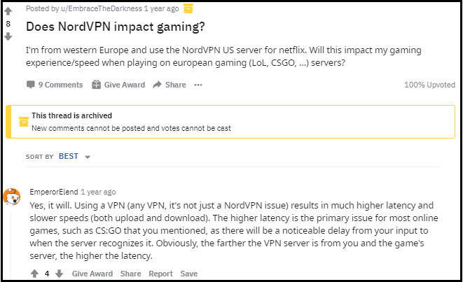 nordvpn-reddit-comment-about-gaming