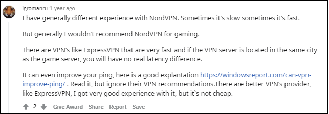 nordvpn-reddit-comment-about-gaming-compared-to-ExpressVPN
