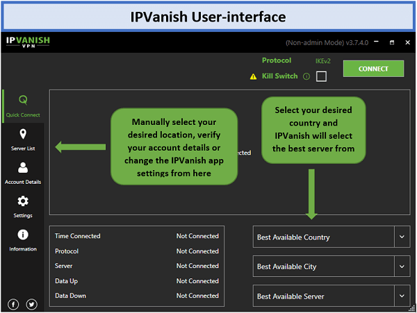 IPvanish-gebruikersinterface