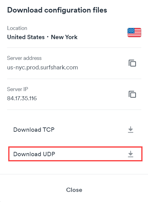  Haga clic para descargar UDP para el servidor elegido. 