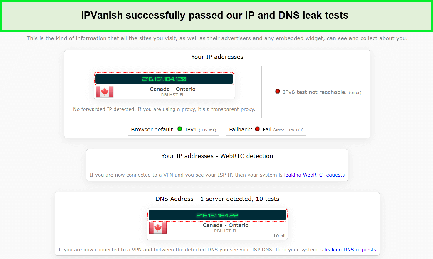  ipvanish slaagde voor de DNS- en IP-lektest 