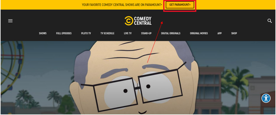 Pagina principale di Comedy Central con pulsante Ottieni Paramount Plus 