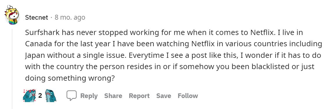 Commenti di Reddit su Surfshark Netflix 