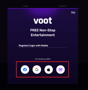 select your account to sign up on voot