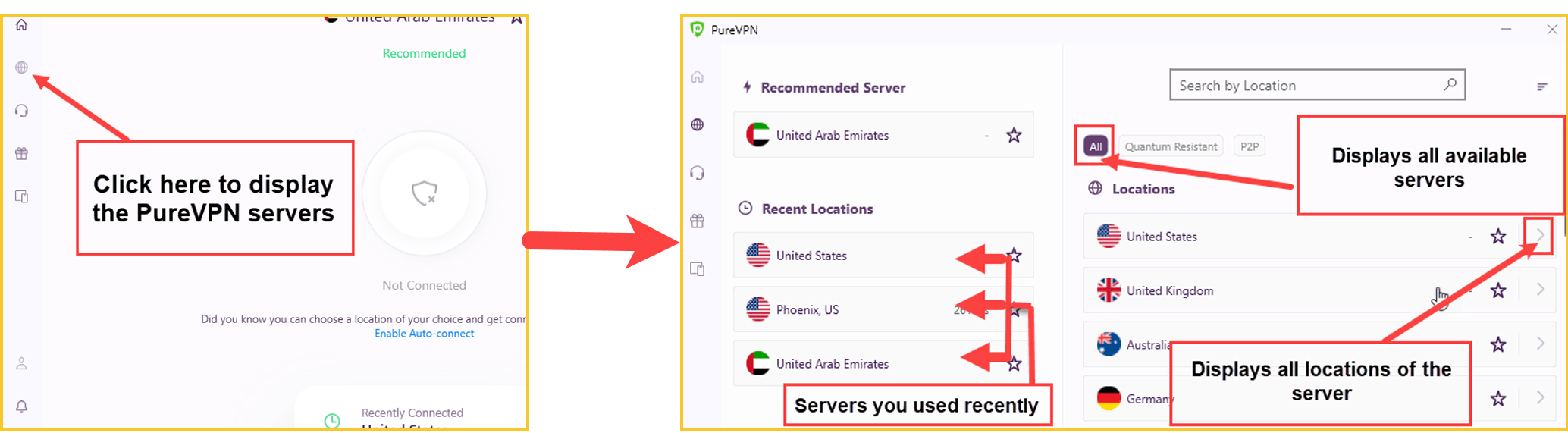  Interfaz de ubicaciones de servidores PureVPN in - Espana 
