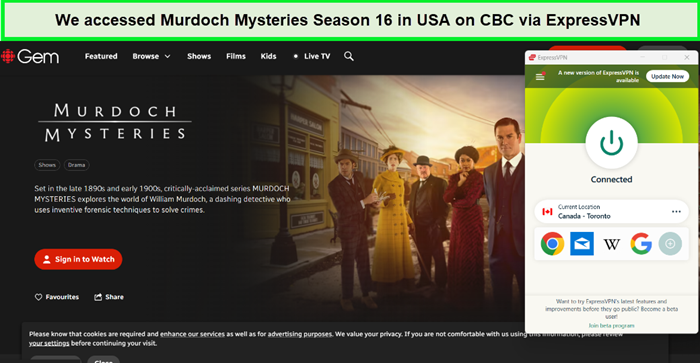 We accessed Murdoch Mysteries S16 in USA on CBC using ExpressVPN