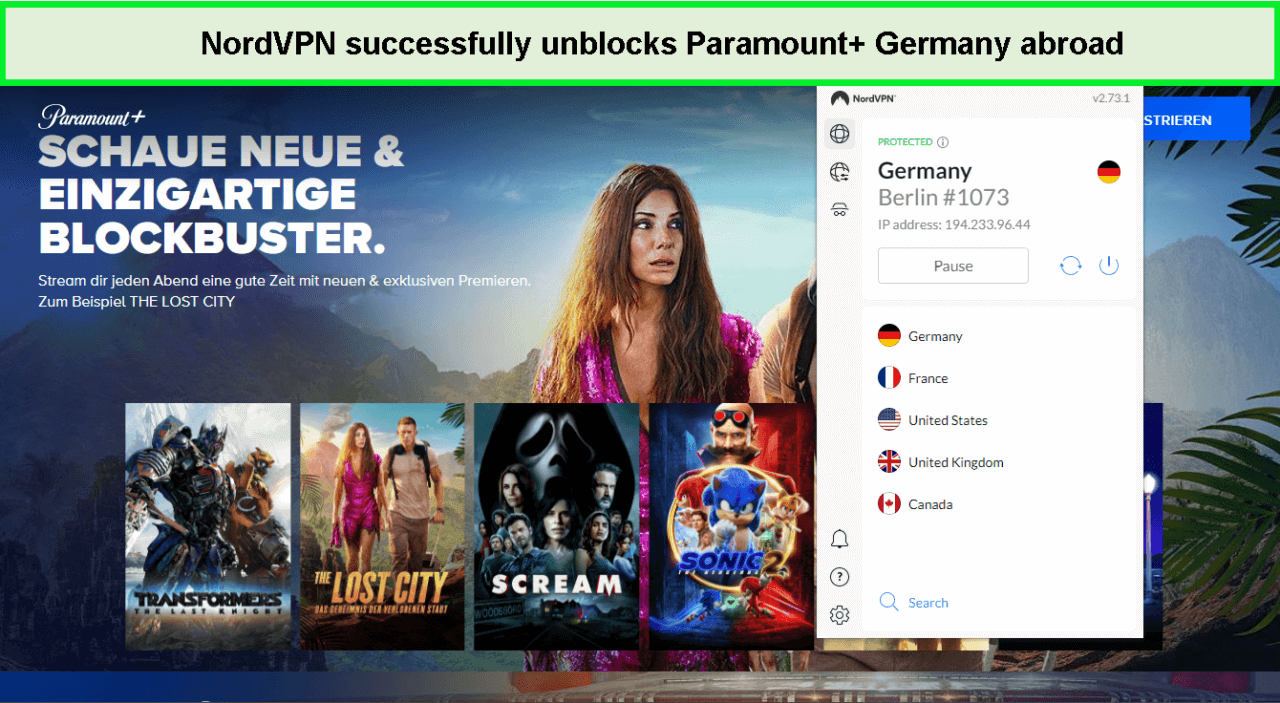  NordVPN zum Entsperren von Paramount Plus in Deutschland im Ausland 