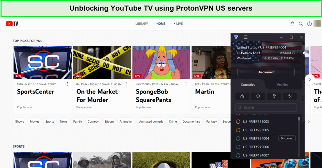 youtube-tv-unblocked-by-protonvpn-in-Germany