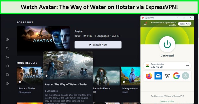 With ExpressVPN, you can watch Avatar: The Way of Water  ! on Hotstar