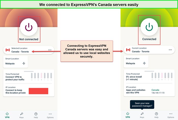Screenshot-of-Andorid-ExpressVPN-App-comparing-connected-to-Canada-with-unconnected--