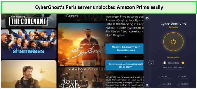  Cyberghost débloqué Amazonprime avec serveur à Paris 