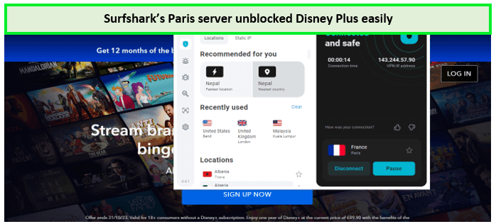  Surfshark débloqué Disney Plus avec le serveur Paris. 