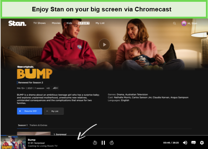 Goditi Stan sul tuo grande schermo tramite Chromecast. 